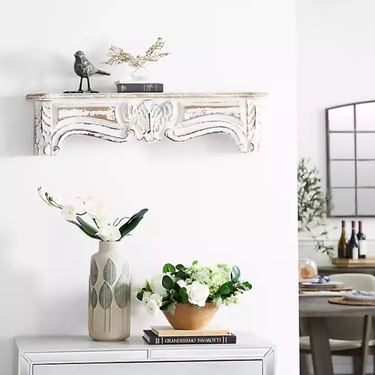 Shelves-Kirklands Home White Distressed Carved Wood Acanthus Wall Shelf