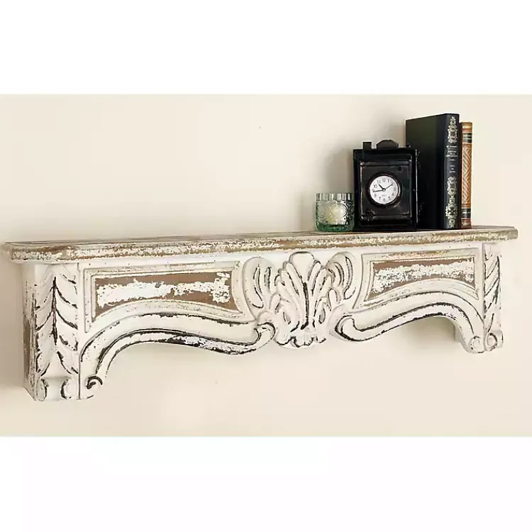 Shelves-Kirklands Home White Distressed Carved Wood Acanthus Wall Shelf