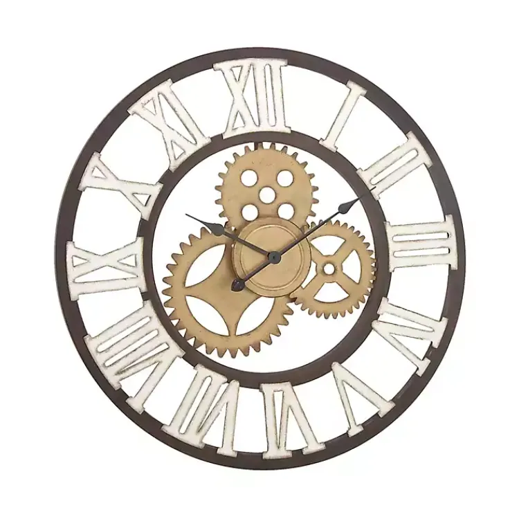 Clocks-Kirklands Home Brown Metal Open Face Gold Gears Wall Clock