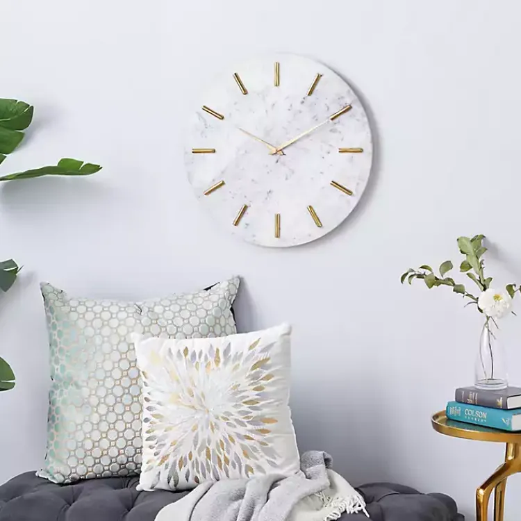 Clocks-Kirklands Home White Marble and Gold Accent Wall Clock, 20 in.