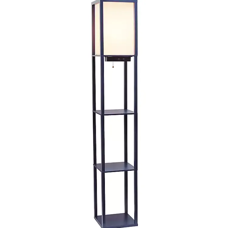 Floor Lamps-Kirklands Home Navy Etagere Shelf Charging Floor Lamp Blue