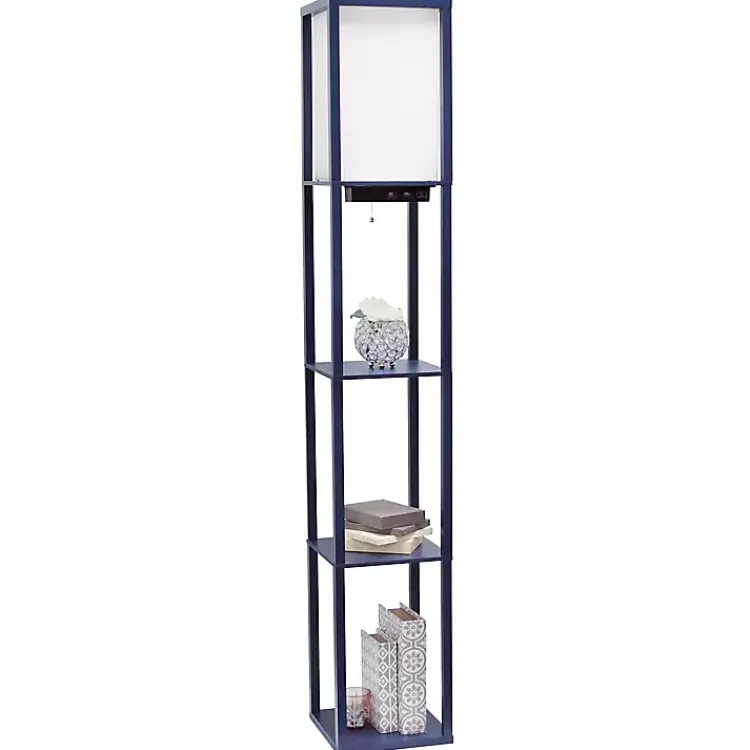 Floor Lamps-Kirklands Home Navy Etagere Shelf Charging Floor Lamp Blue