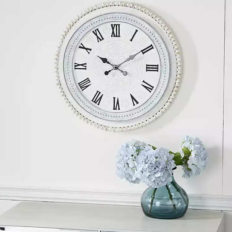 Clocks-Kirklands Home White Distressed Wood Round Beaded Wall Clock