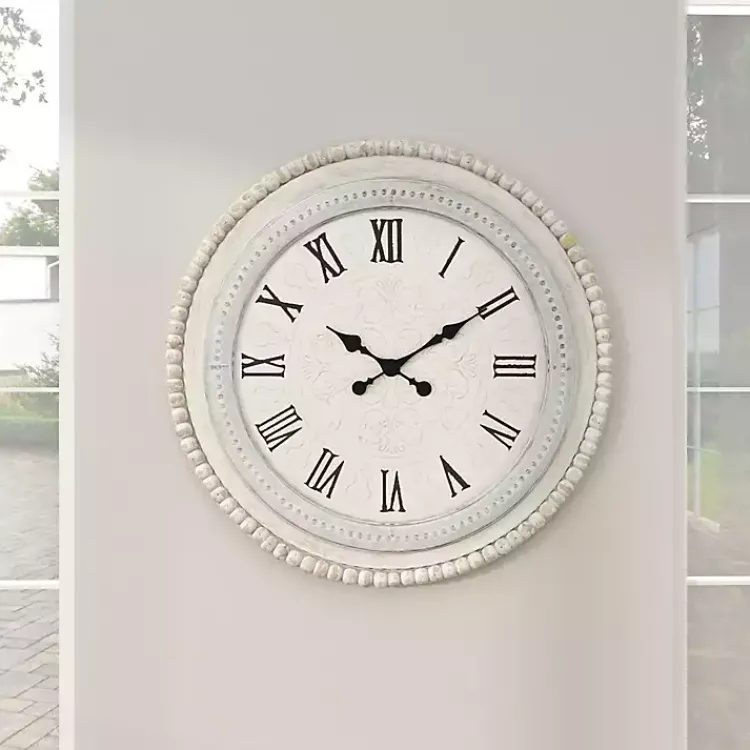 Clocks-Kirklands Home White Distressed Wood Round Beaded Wall Clock
