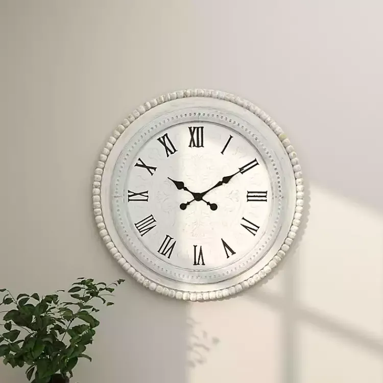 Clocks-Kirklands Home White Distressed Wood Round Beaded Wall Clock