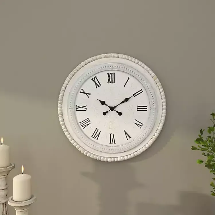 Clocks-Kirklands Home White Distressed Wood Round Beaded Wall Clock
