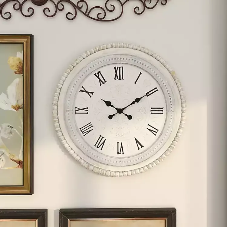 Clocks-Kirklands Home White Distressed Wood Round Beaded Wall Clock
