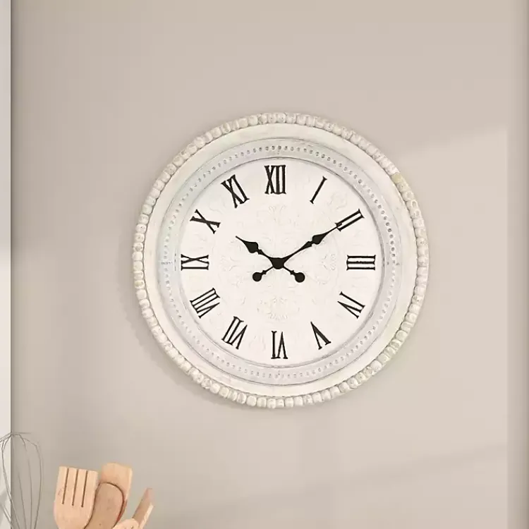 Clocks-Kirklands Home White Distressed Wood Round Beaded Wall Clock