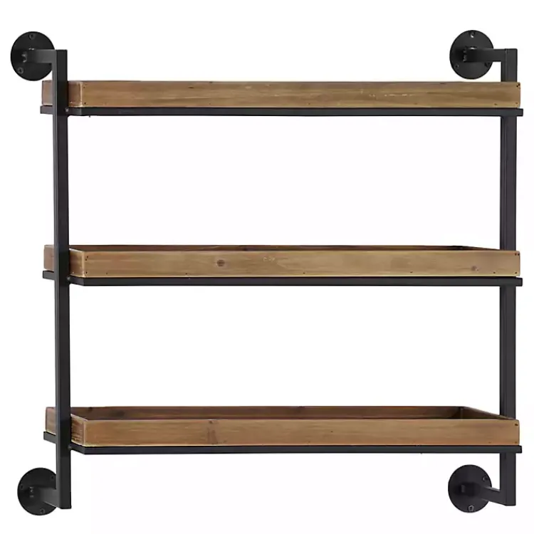Shelves-Kirklands Home Brown Wood Black Metal Pipe Frame Wall Shelf