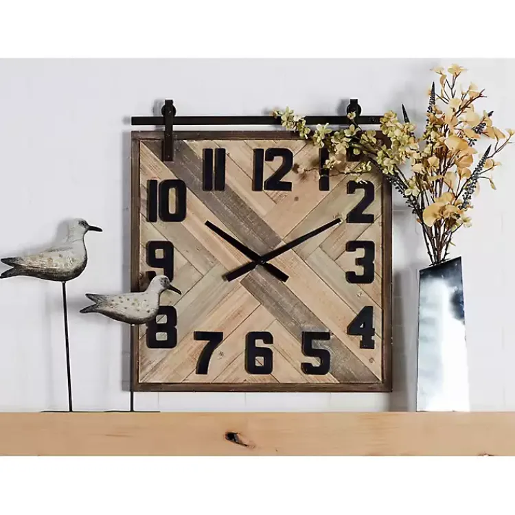 Clocks-Kirklands Home Brown Wood Black Metal Accent Square Wall Clock
