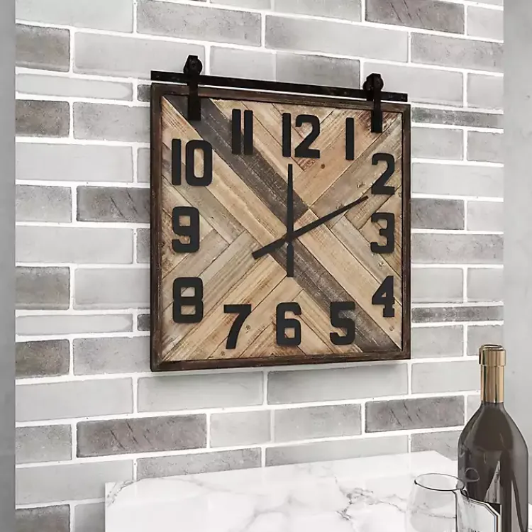 Clocks-Kirklands Home Brown Wood Black Metal Accent Square Wall Clock