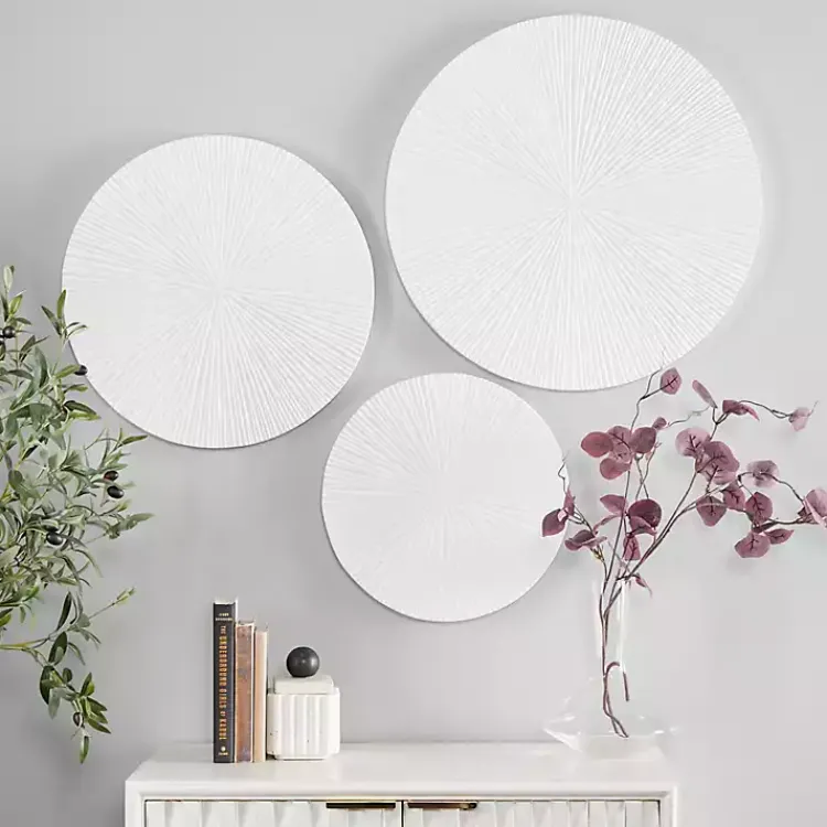 Wall Plaques-Kirklands Home Matte Ribbed Sunburst Wall Plates, Set of 3 White