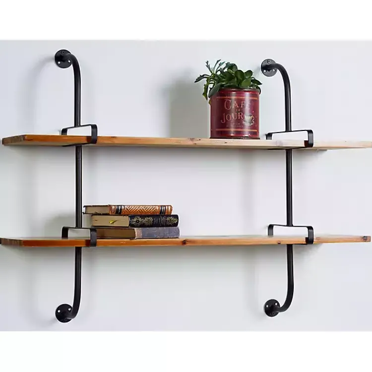 Shelves-Kirklands Home Black Metal Pipe Two-Tier Wall Mounted Shelf
