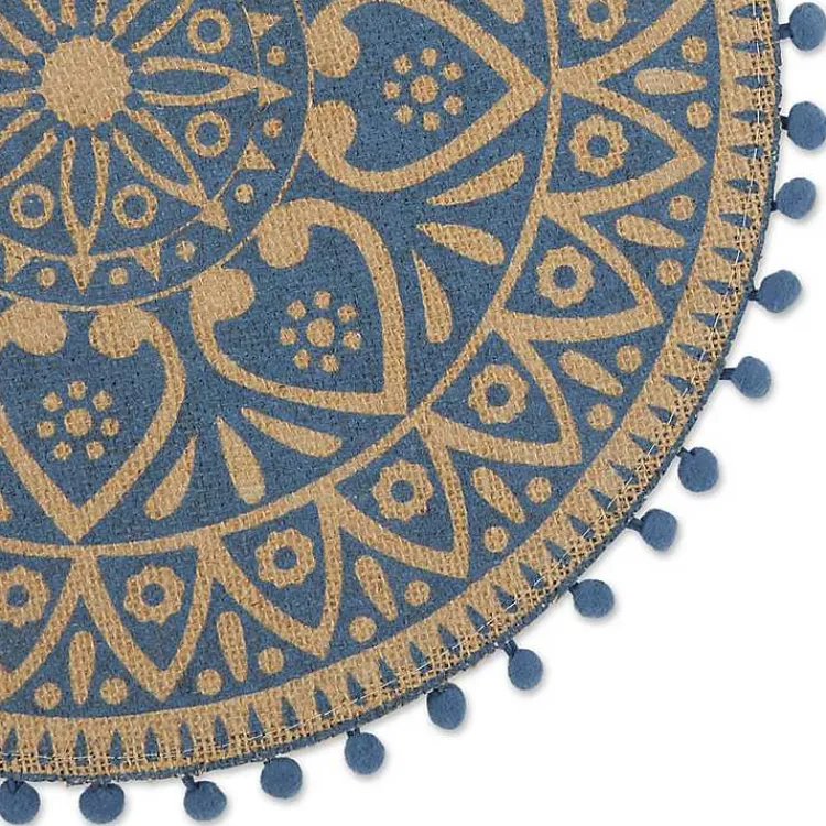 Table Linens-Kirklands Home Blue and Natural Print Round Placemats, Set of 6