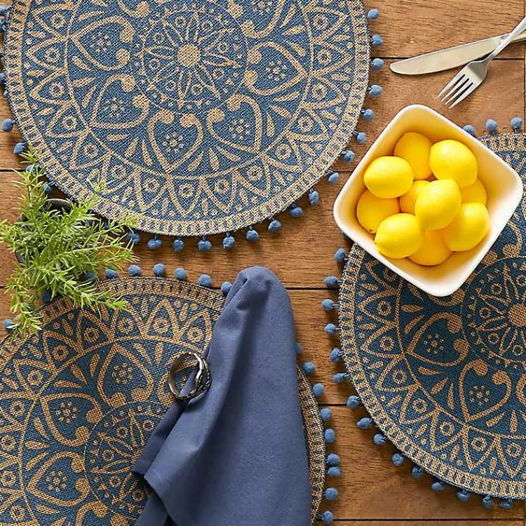 Table Linens-Kirklands Home Blue and Natural Print Round Placemats, Set of 6
