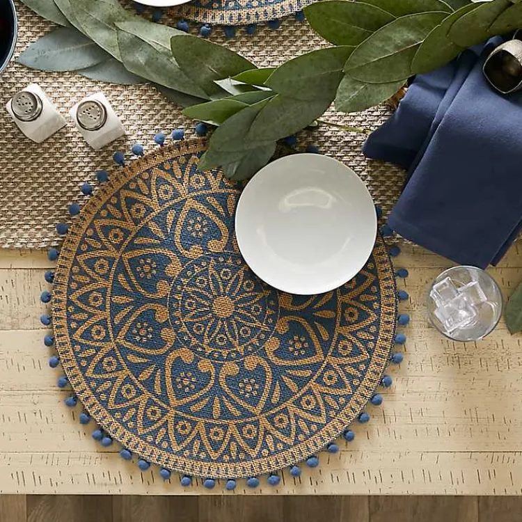 Table Linens-Kirklands Home Blue and Natural Print Round Placemats, Set of 6