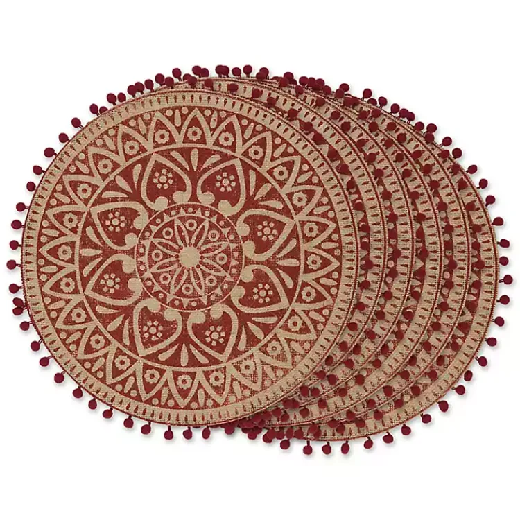 Table Linens-Kirklands Home Red and Natural Print Round Placemats, Set of 6