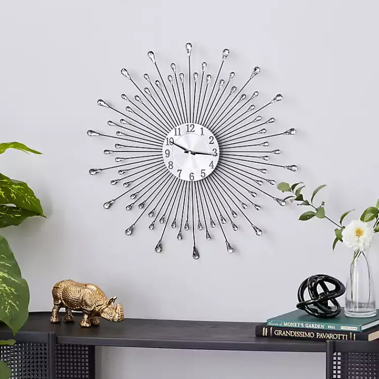 Clocks-Kirklands Home Silver Metal Sunburst Droplet Frame Clock