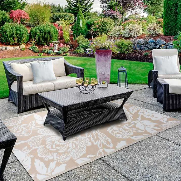 Outdoor Rugs-Kirklands Home Beige Roses Outdoor Area Rug, 4x6