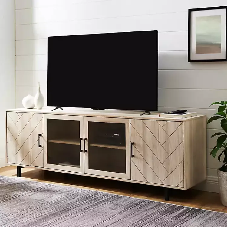 Tv Stands & Media Consoles-Kirklands Home Birch Wood Herringbone 4-Door TV Sd Tan
