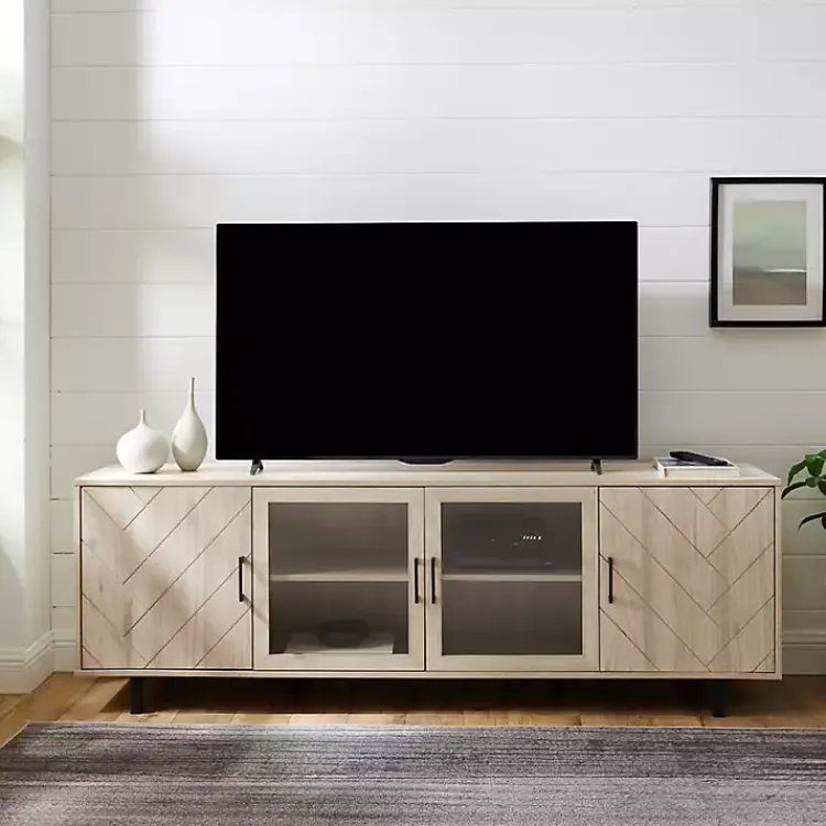 Tv Stands & Media Consoles-Kirklands Home Birch Wood Herringbone 4-Door TV Sd Tan