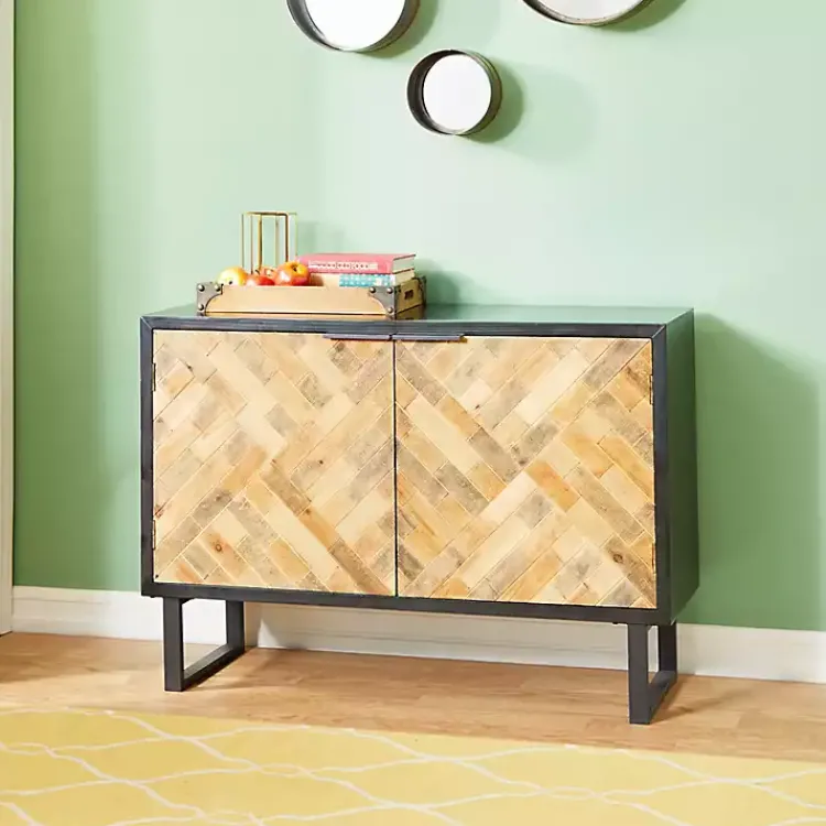 Cabinets & Sideboards-Kirklands Home Natural Wood Mosaic Paneling Cabinet