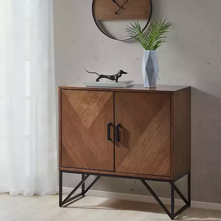 Cabinets & Sideboards-Kirklands Home Brown Wood Frame Metal Base 2-Door Cabinet