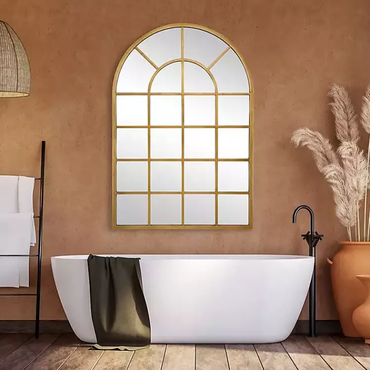 Decorative Mirrors-Kirklands Home Gold Leaf Metal Windowpane Arch Frame Mirror