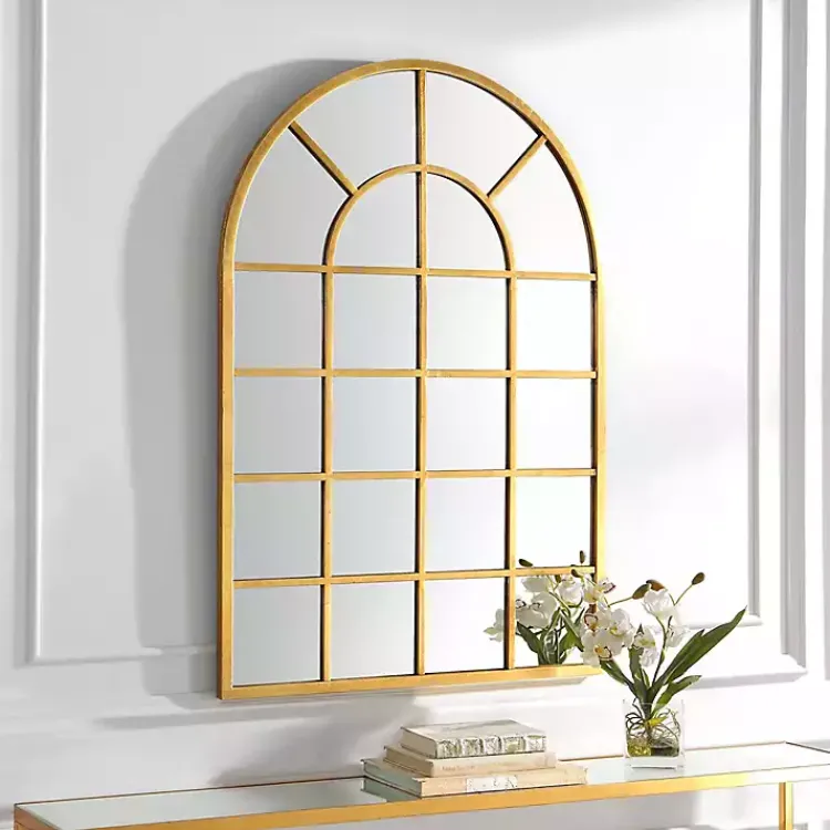 Decorative Mirrors-Kirklands Home Gold Leaf Metal Windowpane Arch Frame Mirror