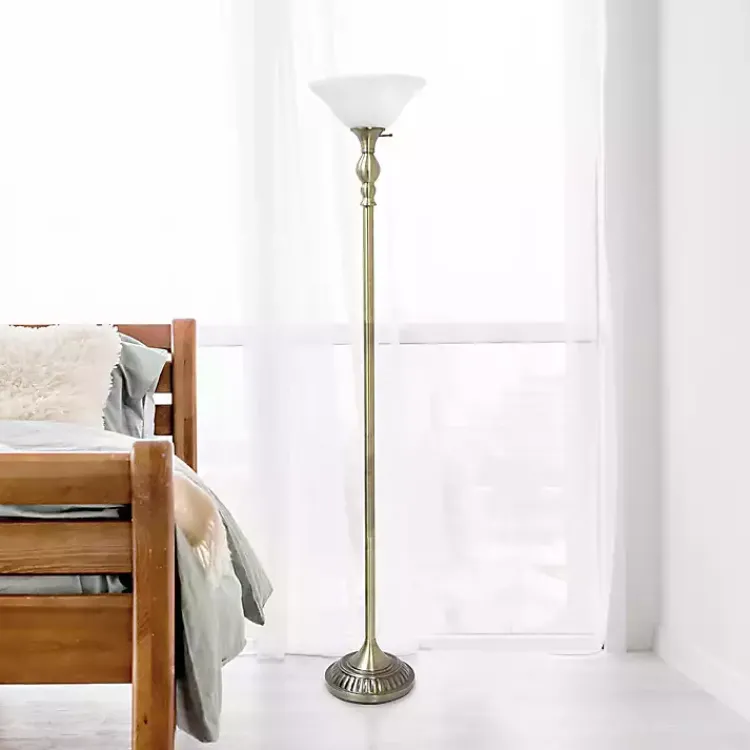 Floor Lamps-Kirklands Home Antique Brass and Marbleized Glass Torchiere Gray