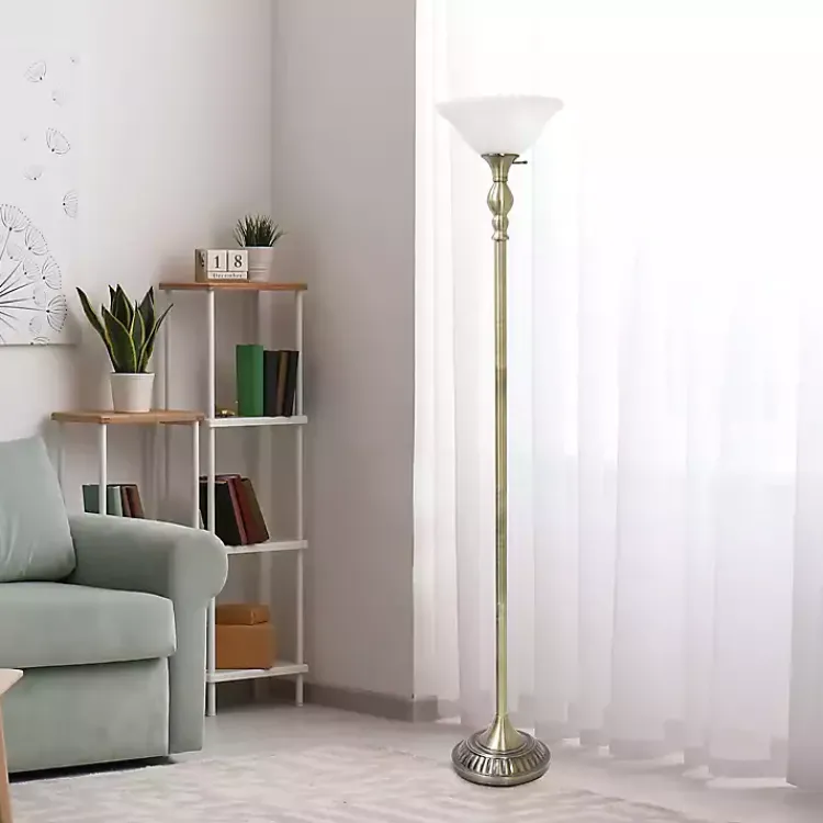 Floor Lamps-Kirklands Home Antique Brass and Marbleized Glass Torchiere Gray