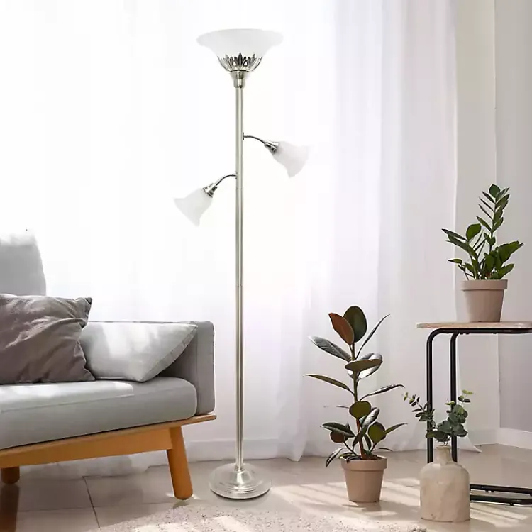 Floor Lamps-Kirklands Home Brushed Nickel 3-Scallop Glass Floor Lamp Gray