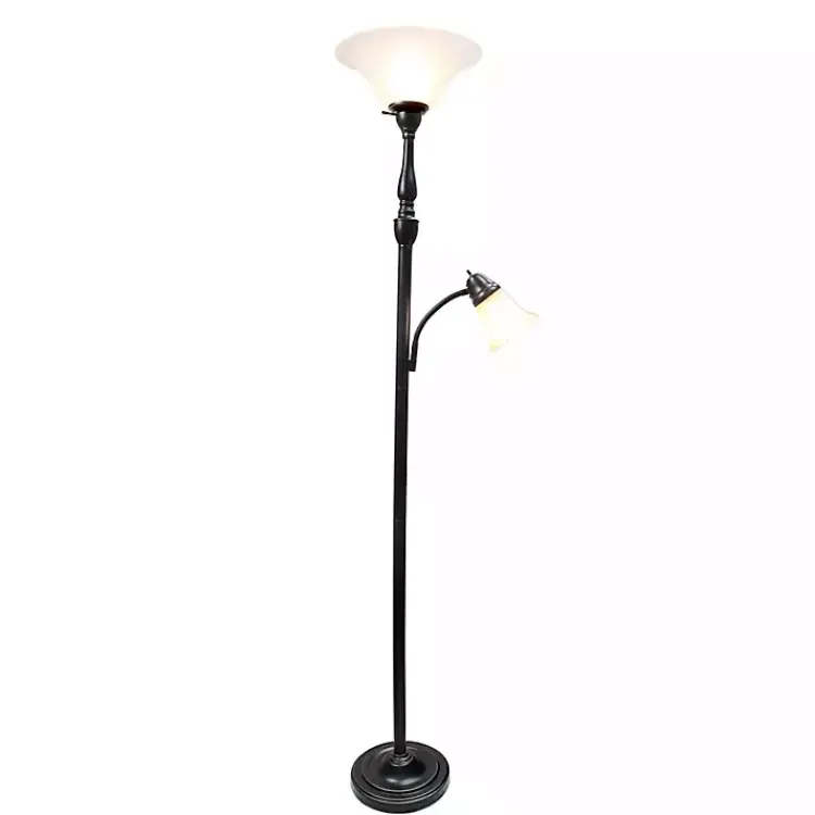 Floor Lamps-Kirklands Home Matte Bronze and White Reading Arm Torchiere Brown