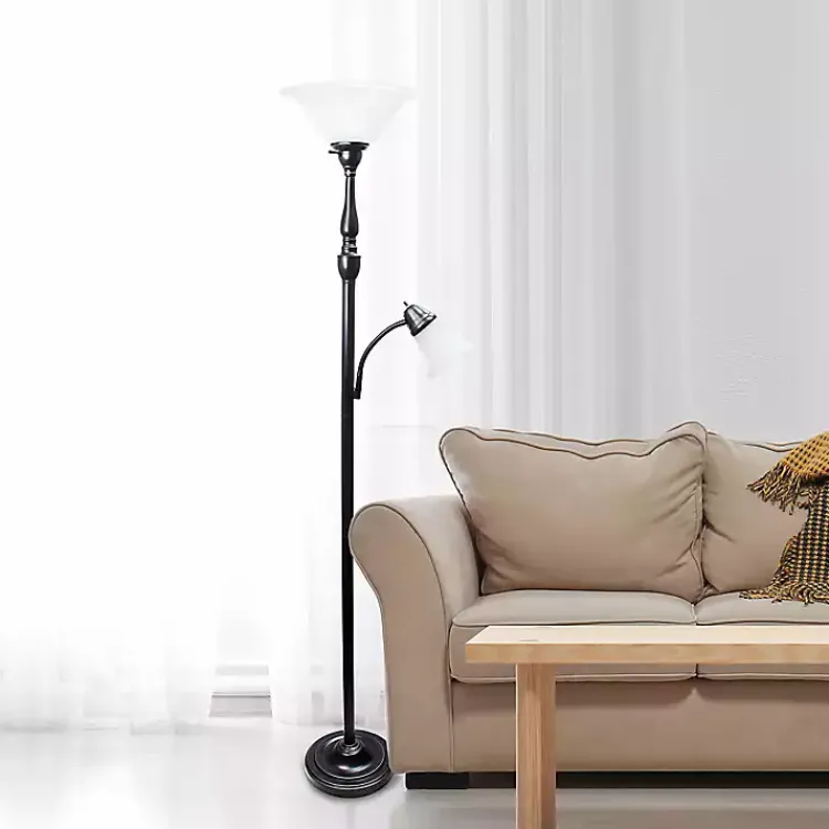 Floor Lamps-Kirklands Home Matte Bronze and White Reading Arm Torchiere Brown
