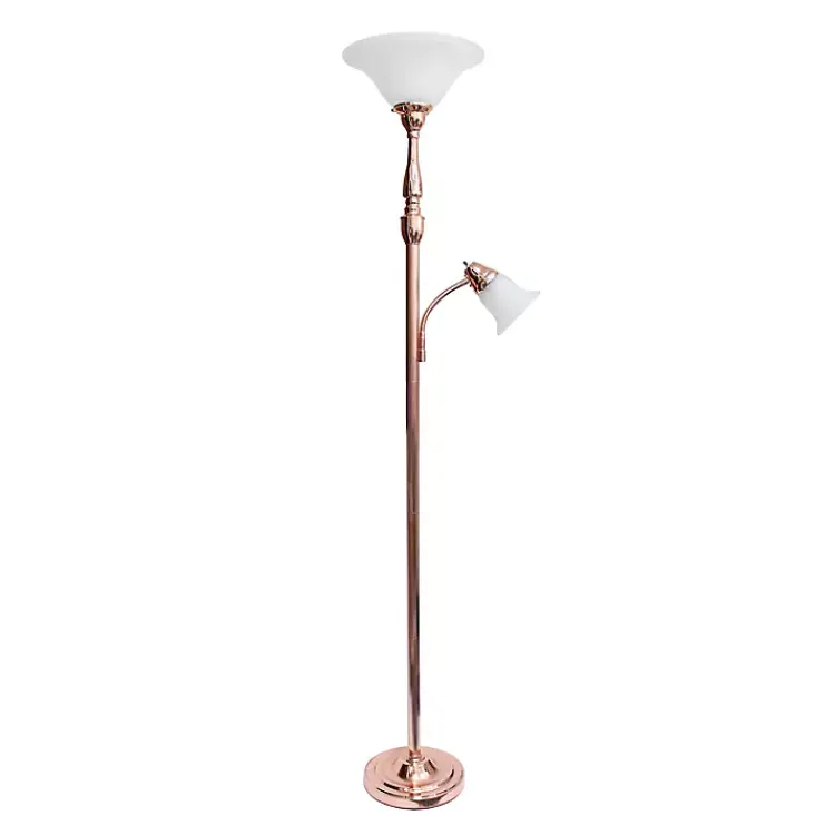 Floor Lamps-Kirklands Home Polished Rose Gold and White Reading Arm Torchiere Pink