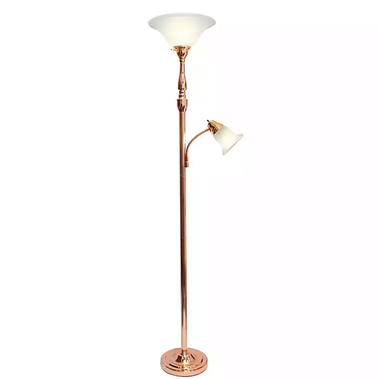 Floor Lamps-Kirklands Home Polished Rose Gold and White Reading Arm Torchiere Pink