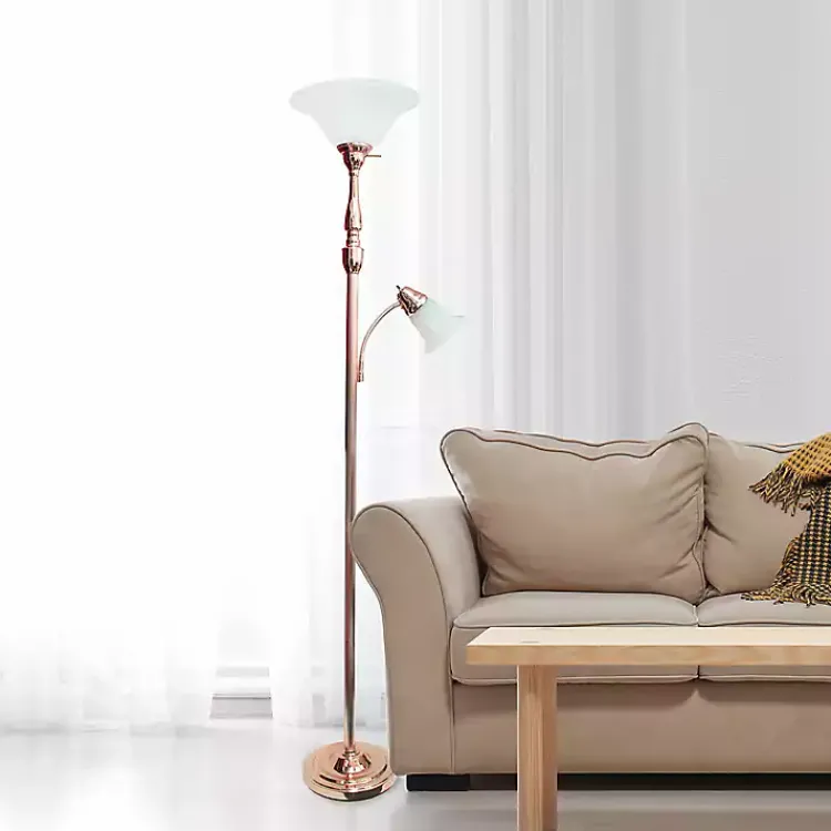 Floor Lamps-Kirklands Home Polished Rose Gold and White Reading Arm Torchiere Pink