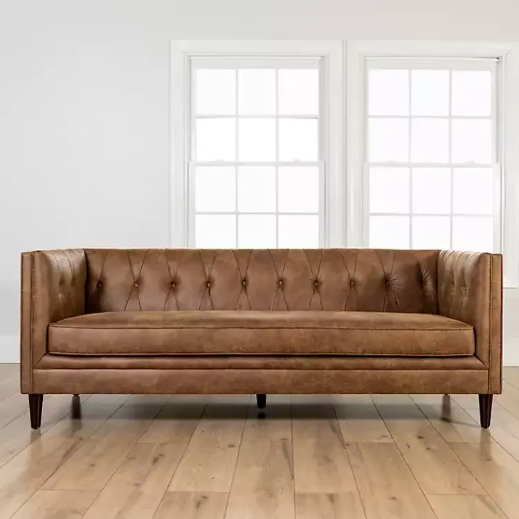 Sofas & Loveseats-Kirklands Home Wyatt Chester Faux Leather Formal Sofa Brown