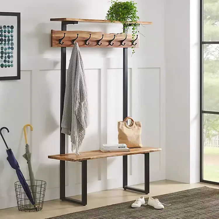 Entryway Furniture-Kirklands Home Acacia Wood Modern Storage Hooks Hall Tree