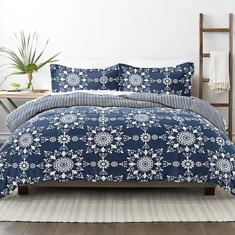 Comforters-Kirklands Home Navy Daisy Medallion Queen 3-pc. Comforter Set Blue