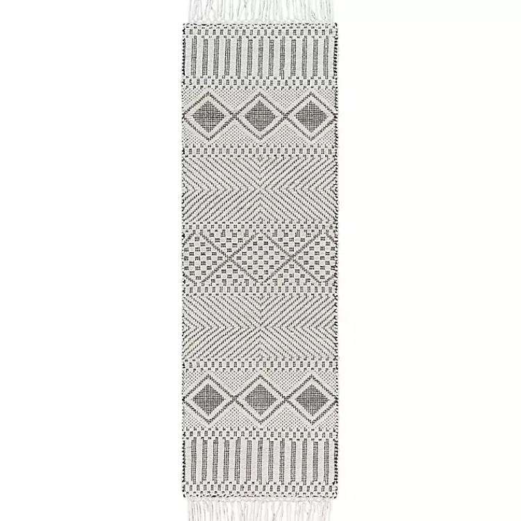 Area Rugs-Kirklands Home White and Black Diamond Tassel Wool Runner, 2x8