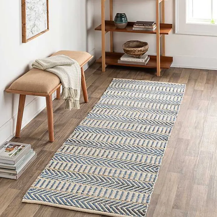 Area Rugs-Kirklands Home Blue and White Chevron Jute Runner, 2x8
