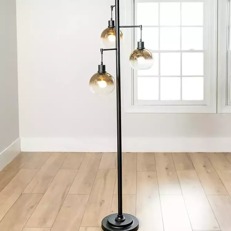 Floor Lamps-Kirklands Home Black Metal and Glass 3-Arm Floor Lamp Gold