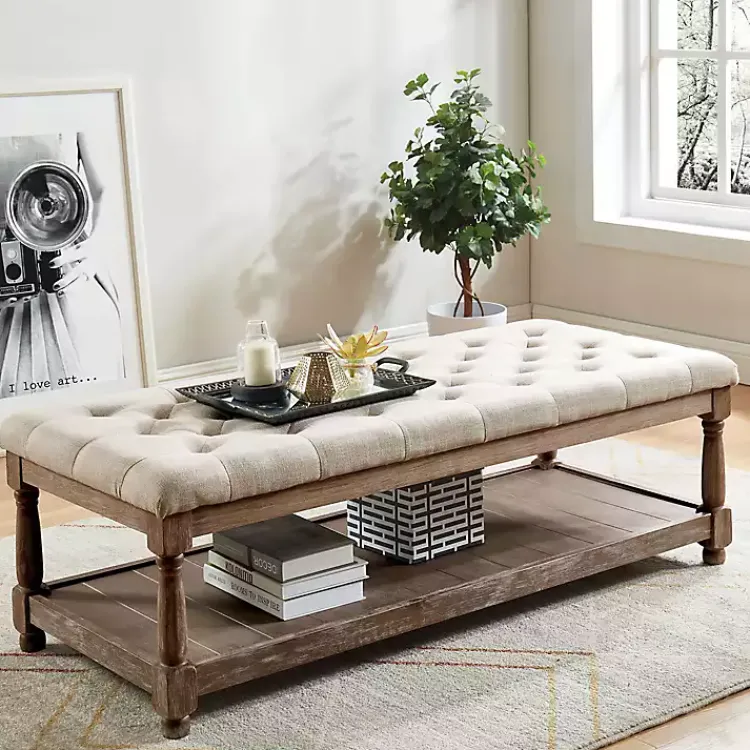 Benches & Ottomans-Kirklands Home Beige Tufted Linen and Wood Bench Tan
