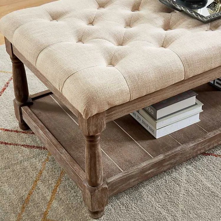 Benches & Ottomans-Kirklands Home Beige Tufted Linen and Wood Bench Tan