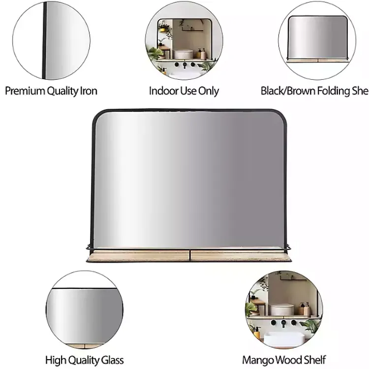 Decorative Mirrors-Kirklands Home Black Brown Metal Shelf Horizontal Wall Mirror