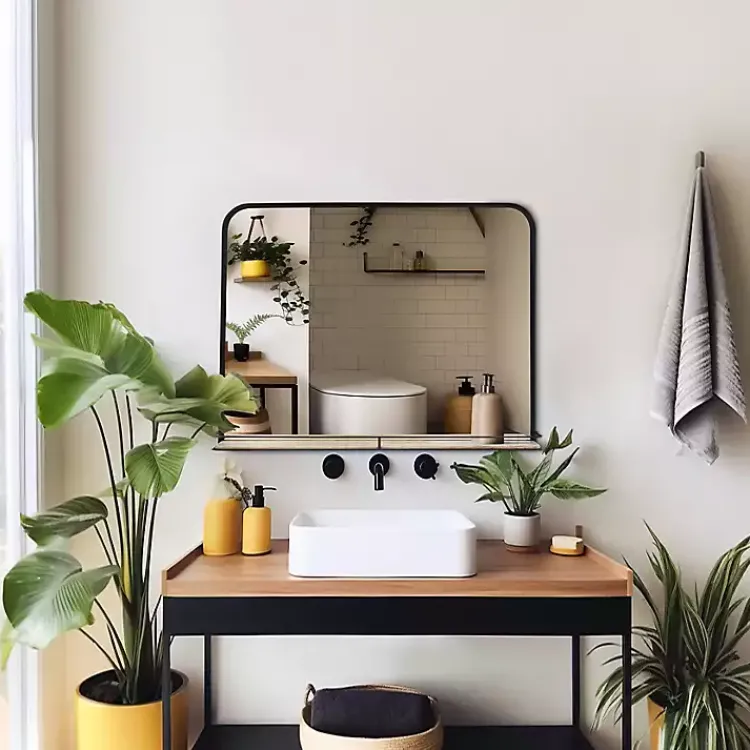 Decorative Mirrors-Kirklands Home Black Brown Metal Shelf Horizontal Wall Mirror