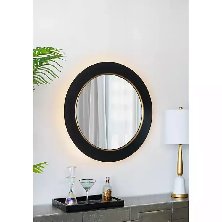 Decorative Mirrors-Kirklands Home Drew II Black and Gold Round LED Mirror
