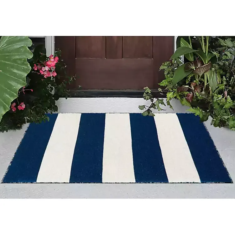 Outdoor Rugs-Kirklands Home Navy Cabana Stripe Indoor/Outdoor Scatter Rug