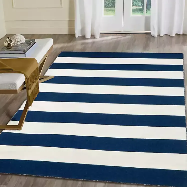 Outdoor Rugs-Kirklands Home Navy Cabana Stripe Indoor/Outdoor Area Rug, 5x7